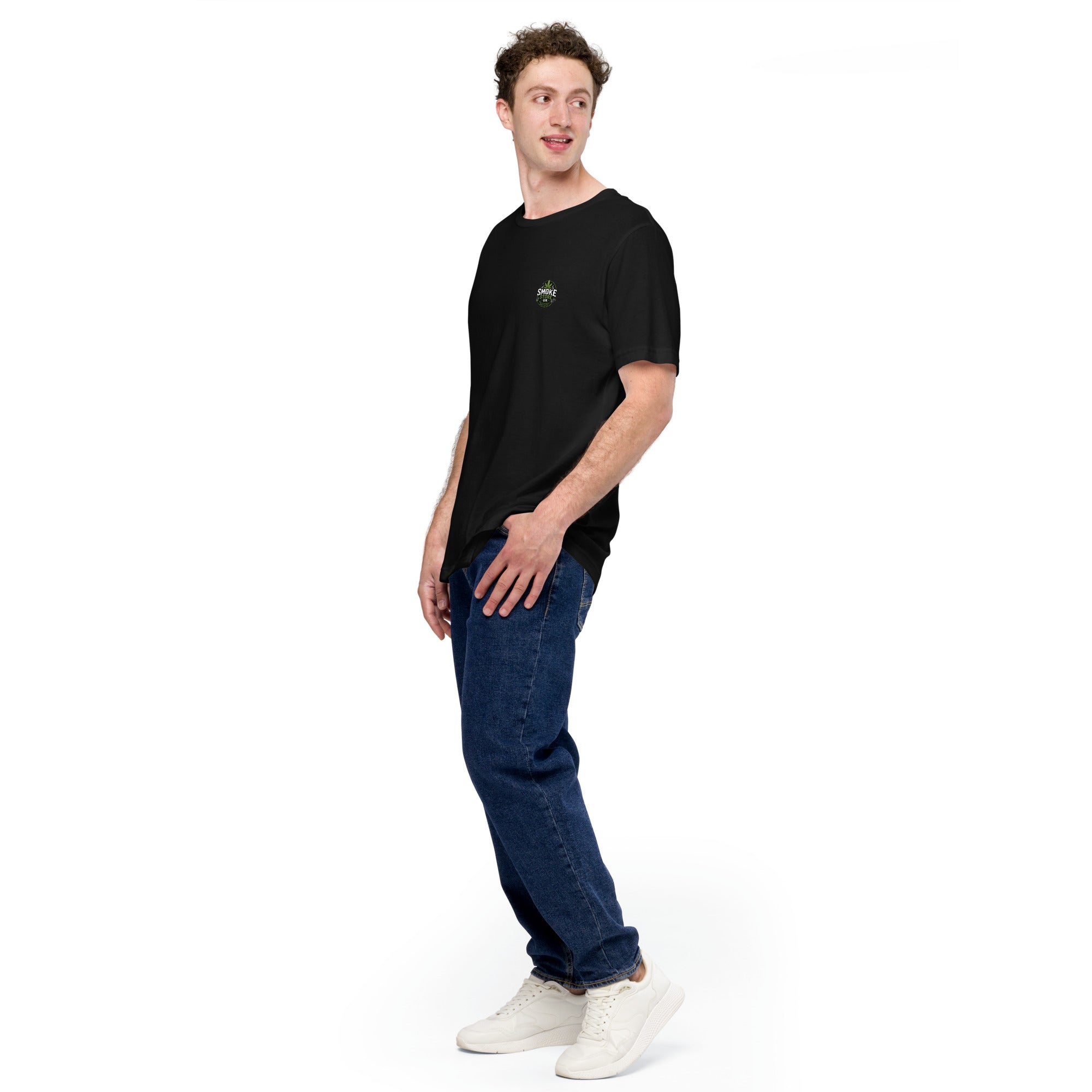 Black unisex T-shirt with small chest Smoke Store UK logo, crew neck.