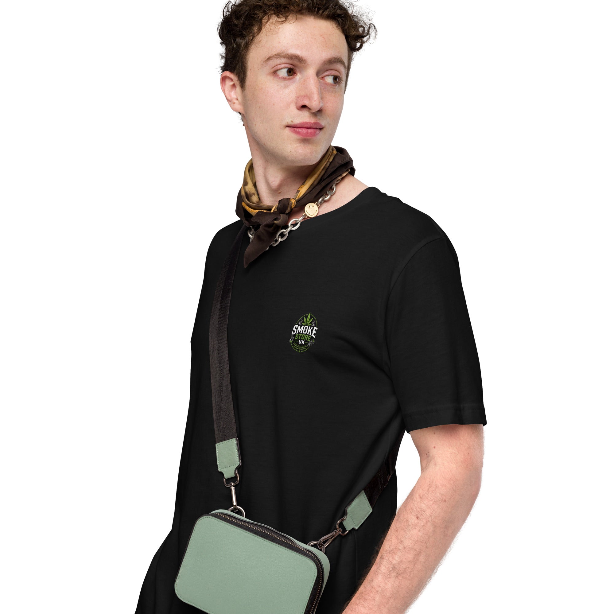 Black unisex crew-neck T-shirt with small chest logo, short sleeves.