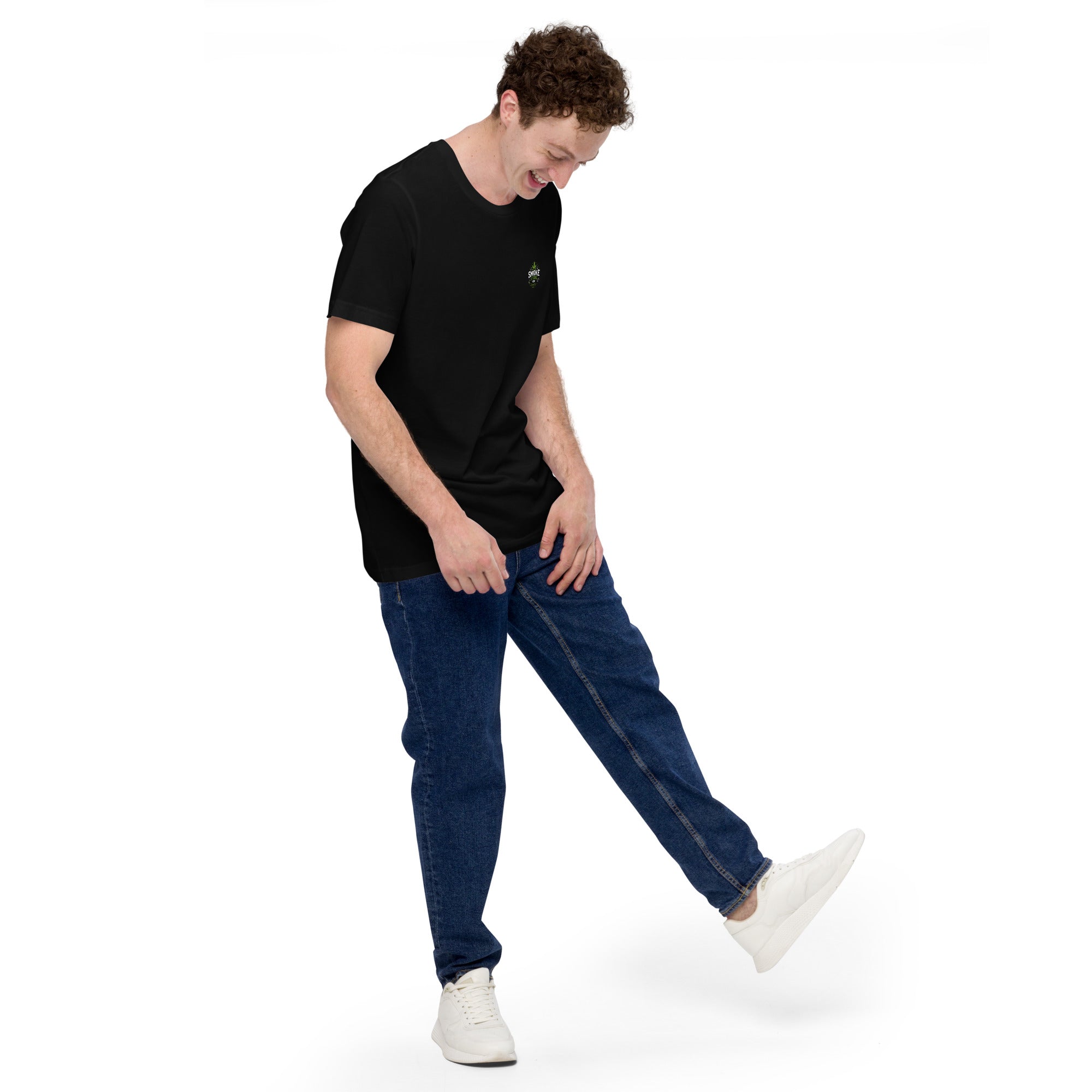 Black unisex T-shirt with small chest logo, crew neck and short sleeves.