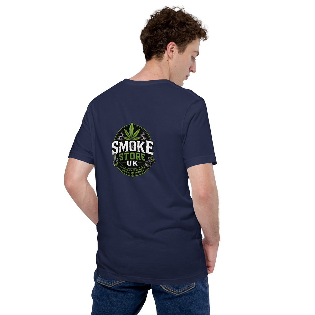 Navy unisex T-shirt with large back Smoke Store UK logo graphic