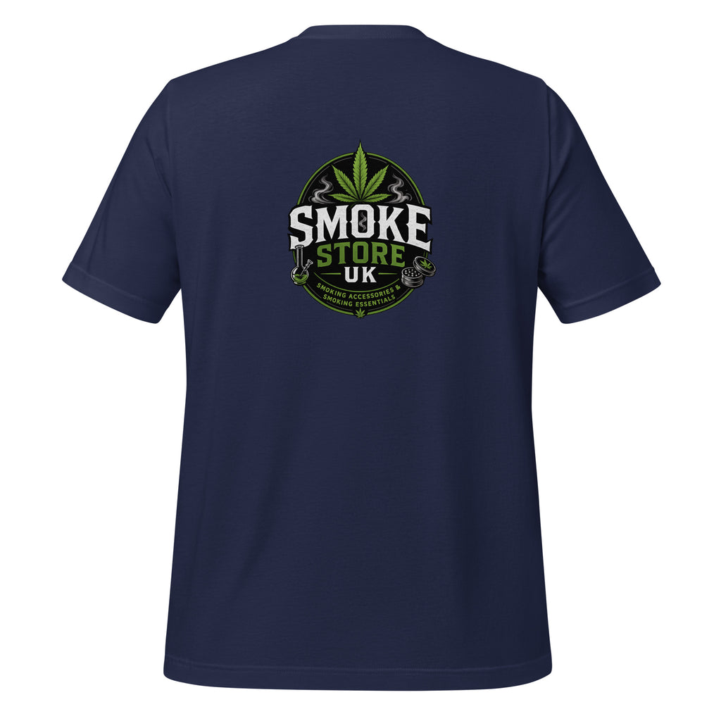 Navy unisex T-shirt with Smoke Store UK back logo