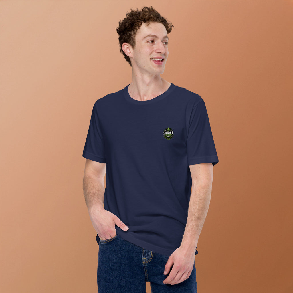 Navy unisex T-shirt with small Smoke Store UK chest logo