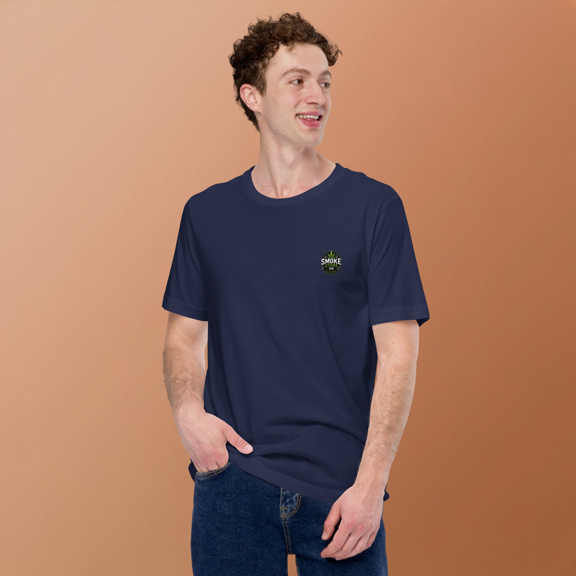 Navy unisex T-shirt with small Smoke Store UK chest logo