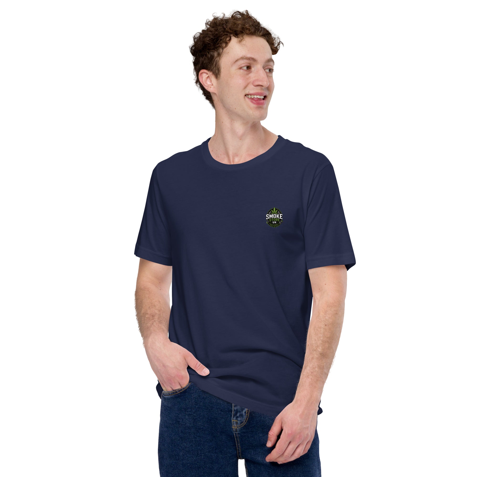 Navy unisex T-shirt with small Smoke Store UK chest logo