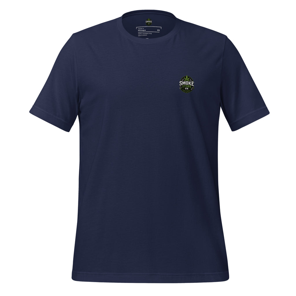 Navy unisex T-shirt with small chest Smoke Store UK logo