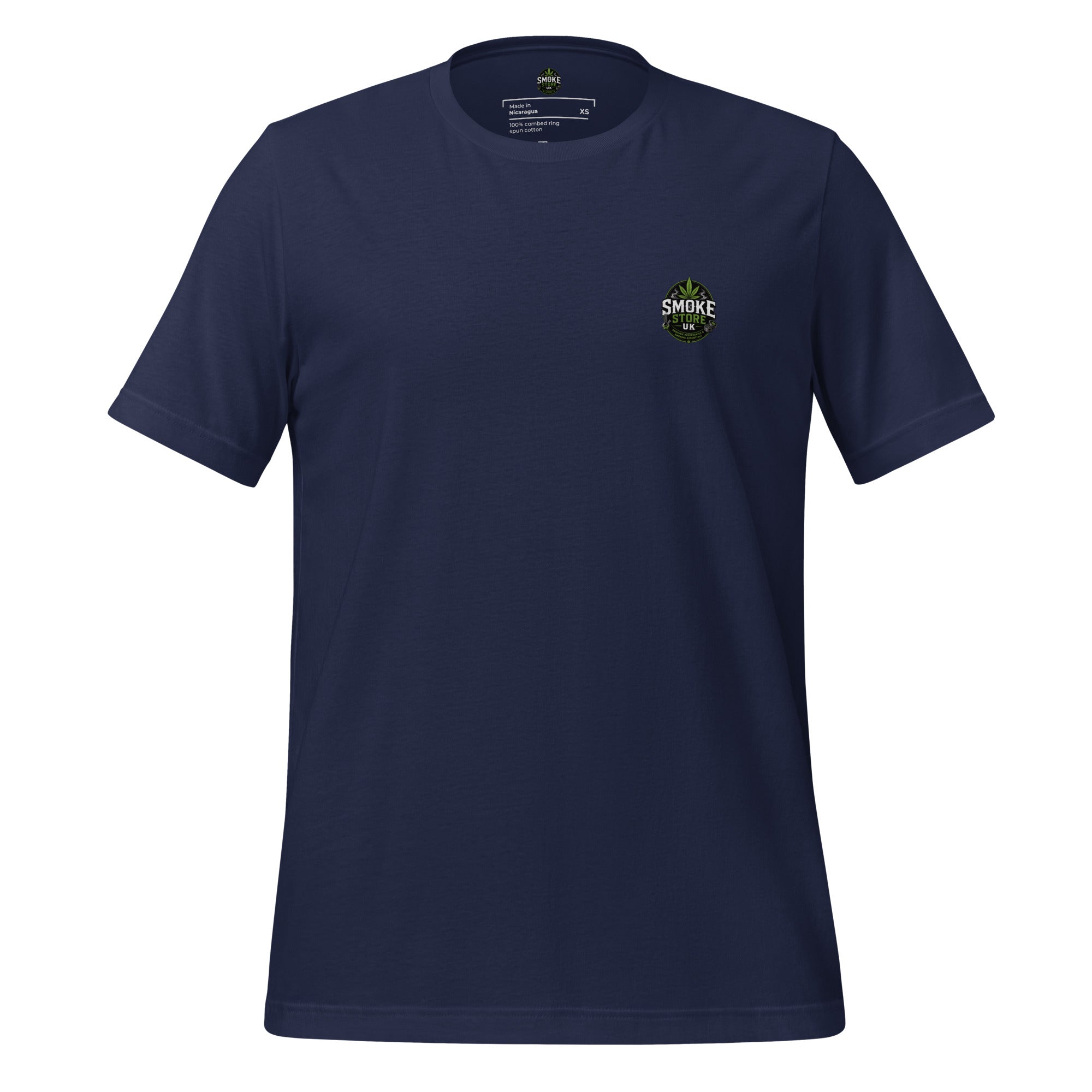 Navy unisex T-shirt with small chest Smoke Store UK logo