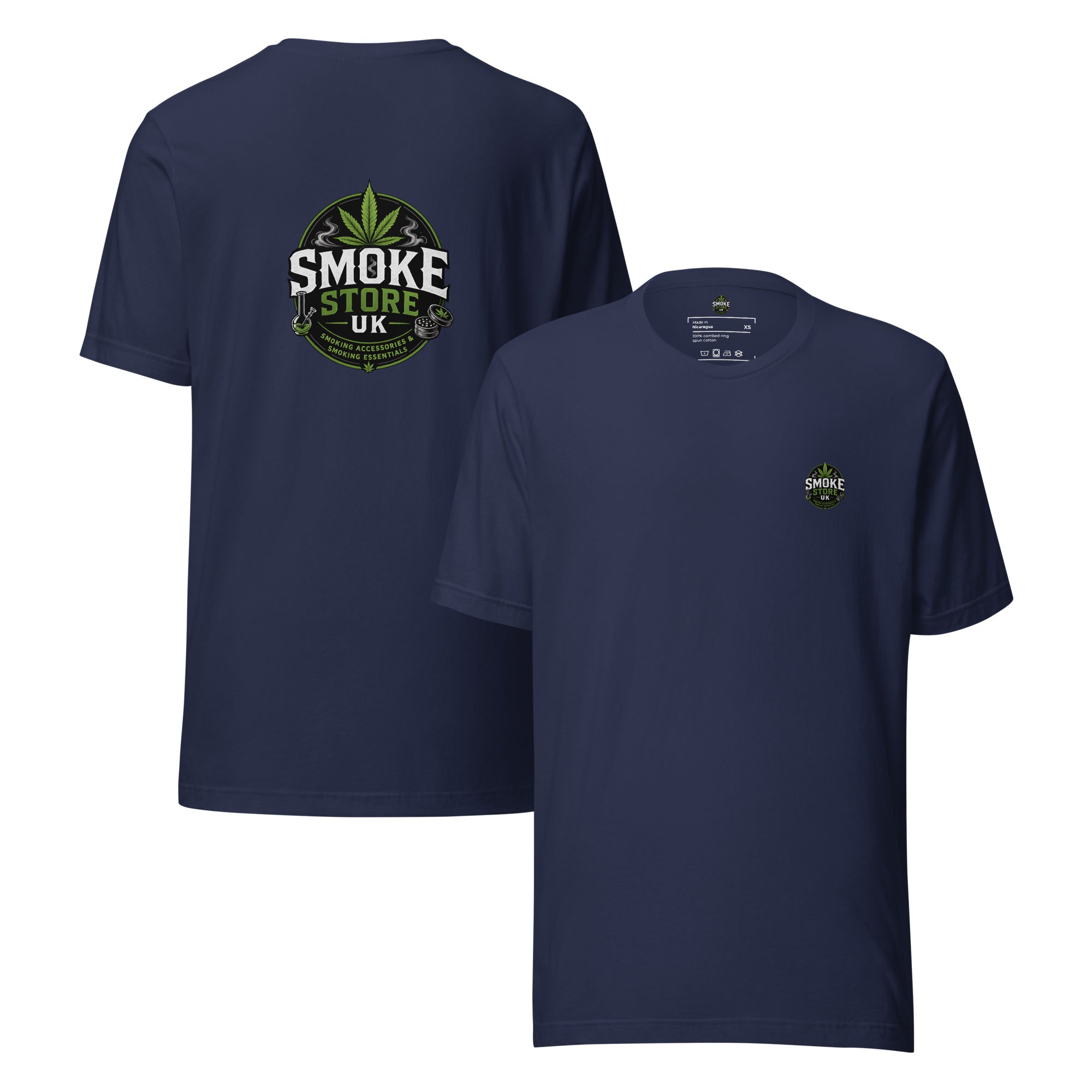 Navy unisex T-shirt: back large center logo, front small chest logo.