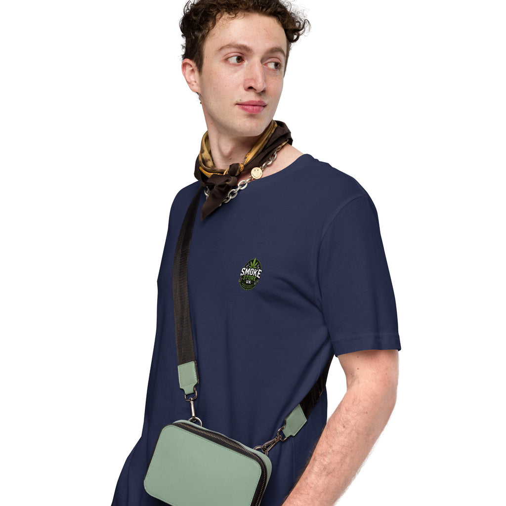 Navy unisex crew-neck T-shirt with small chest logo, short sleeves.