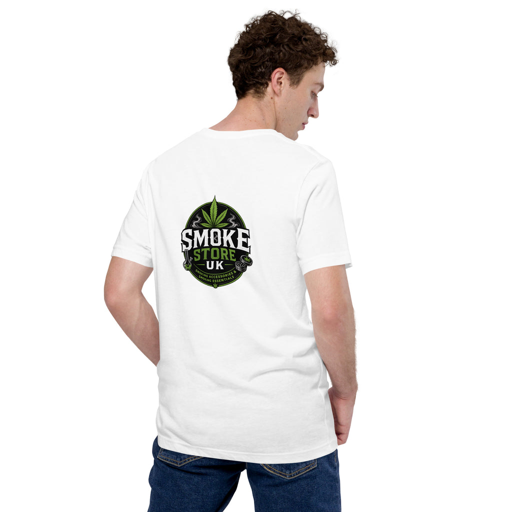 White unisex T-shirt with large back Smoke Store UK logo graphic