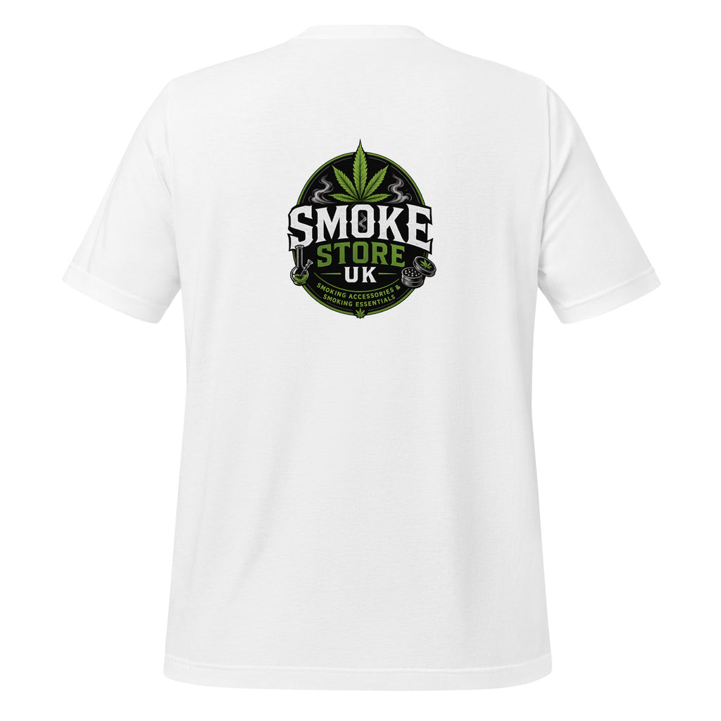 White unisex T-shirt with Smoke Store UK back logo