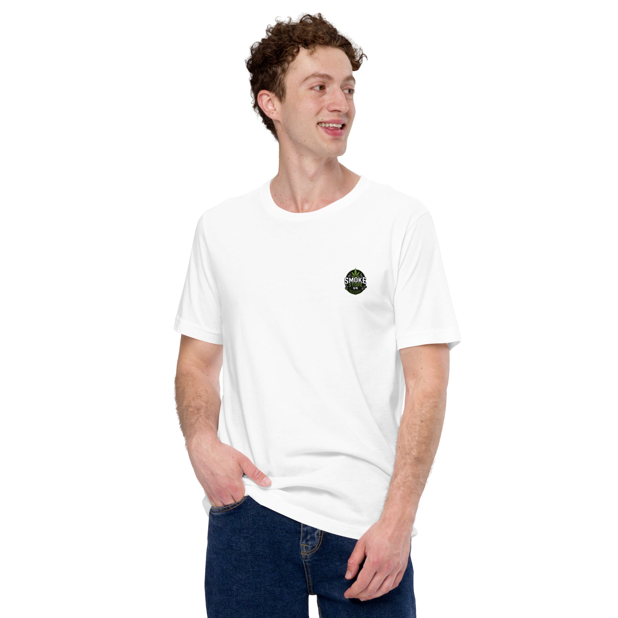 White unisex T-shirt with small Smoke Store UK chest logo