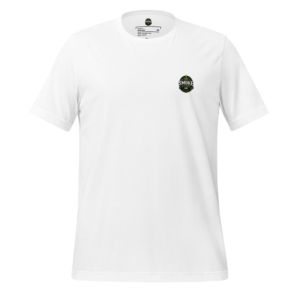 White unisex T-shirt with small chest Smoke Store UK logo