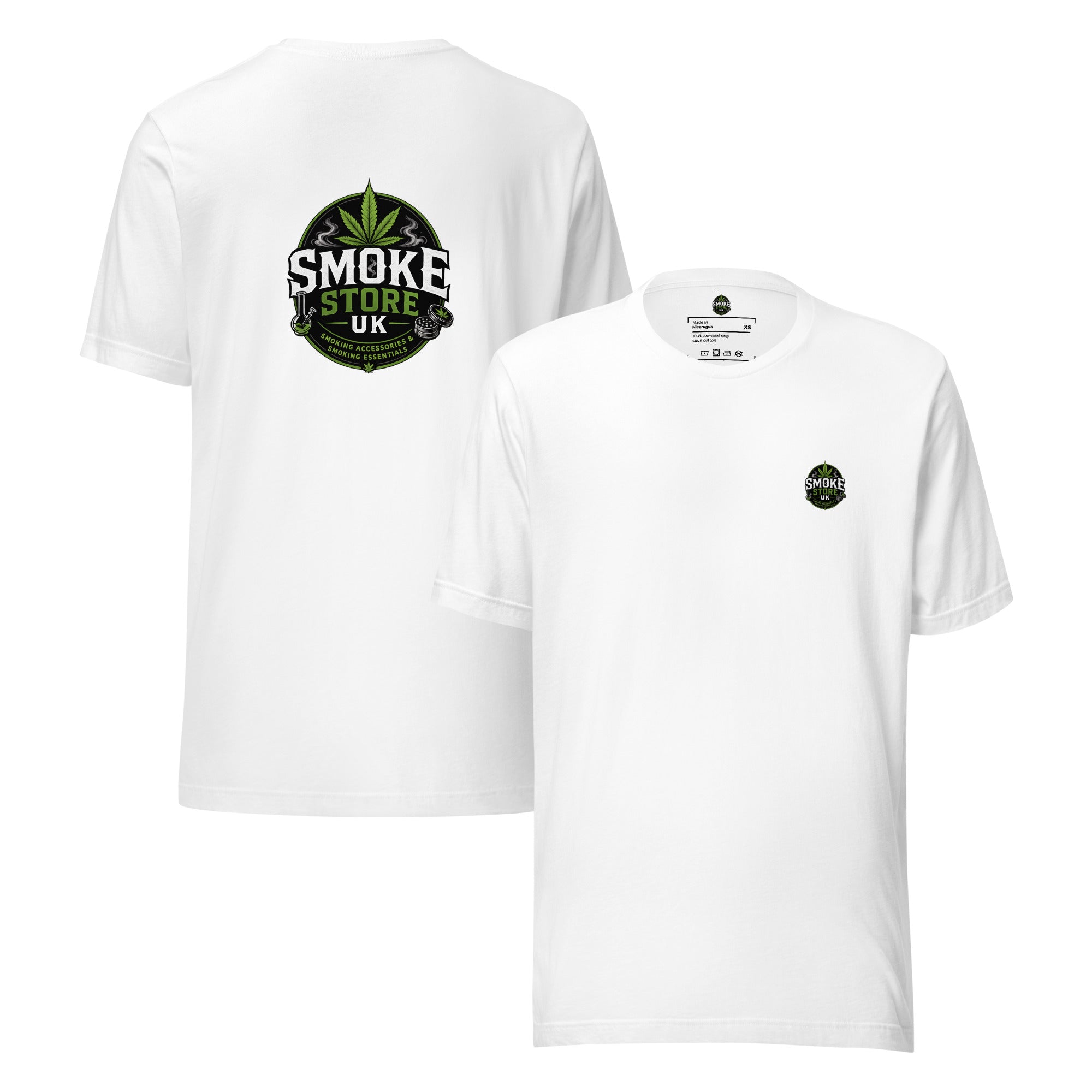 White unisex T-shirt: back large center logo, front small chest logo.