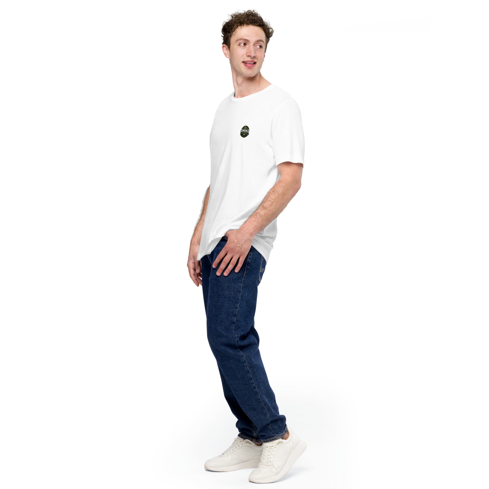 White unisex T-shirt with small chest Smoke Store UK logo