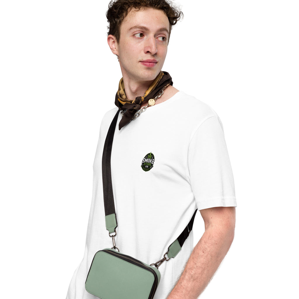 White unisex crew-neck T-shirt with small chest logo, short sleeves.