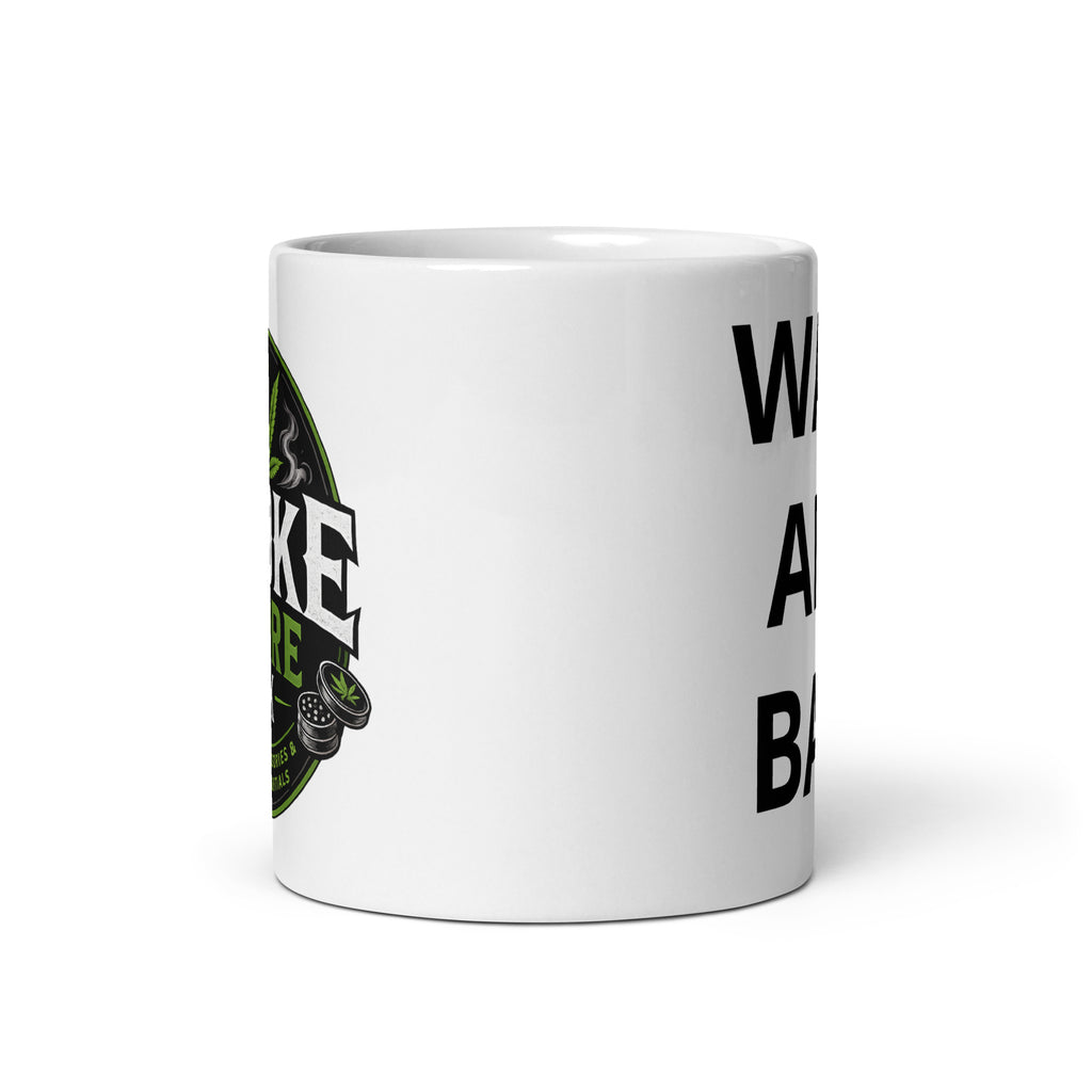 White glossy mug with partial “WAKE AND BAKE” black text along side.