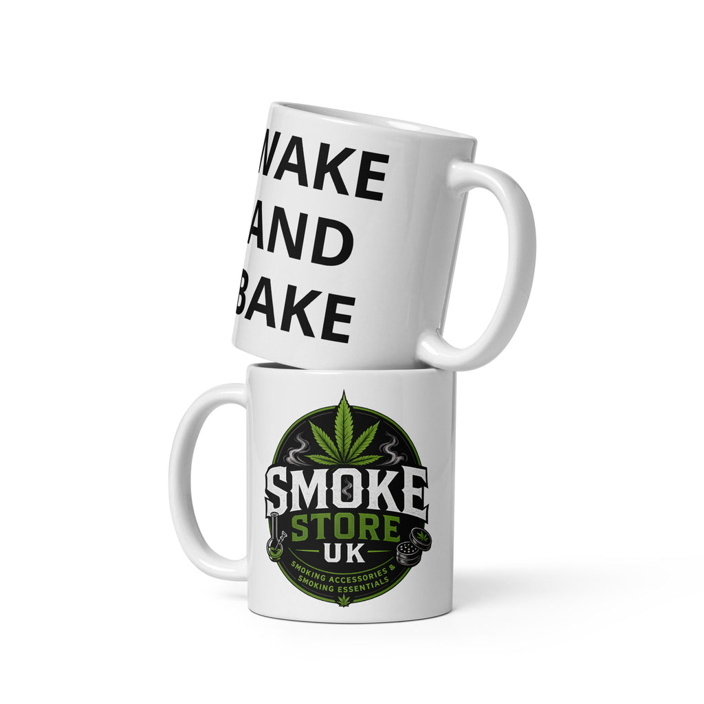 White glossy mug with “WAKE AND BAKE” text and Smoke Store UK logo