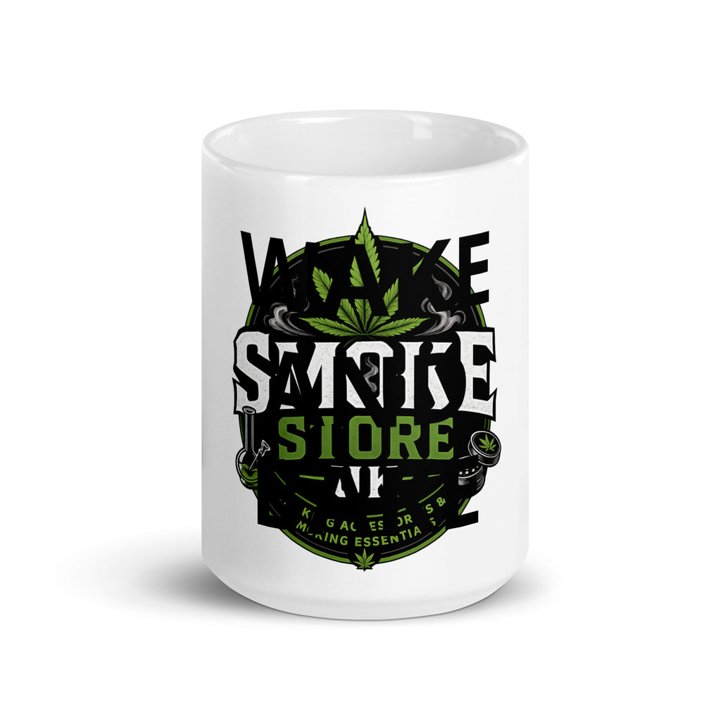 White glossy mug with “SMOKE STORE” circular logo, green leaves, and smoke icons.