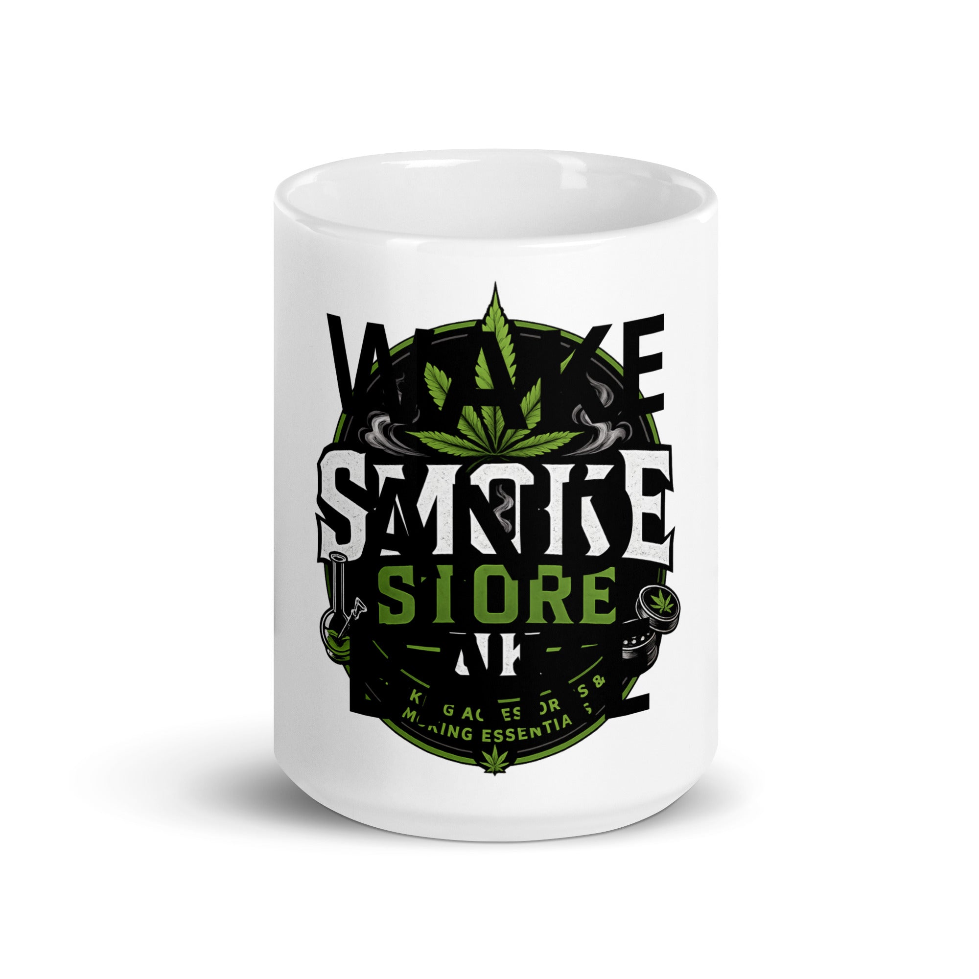 White glossy mug with “SMOKE STORE” circular logo, green leaves, and smoke icons.