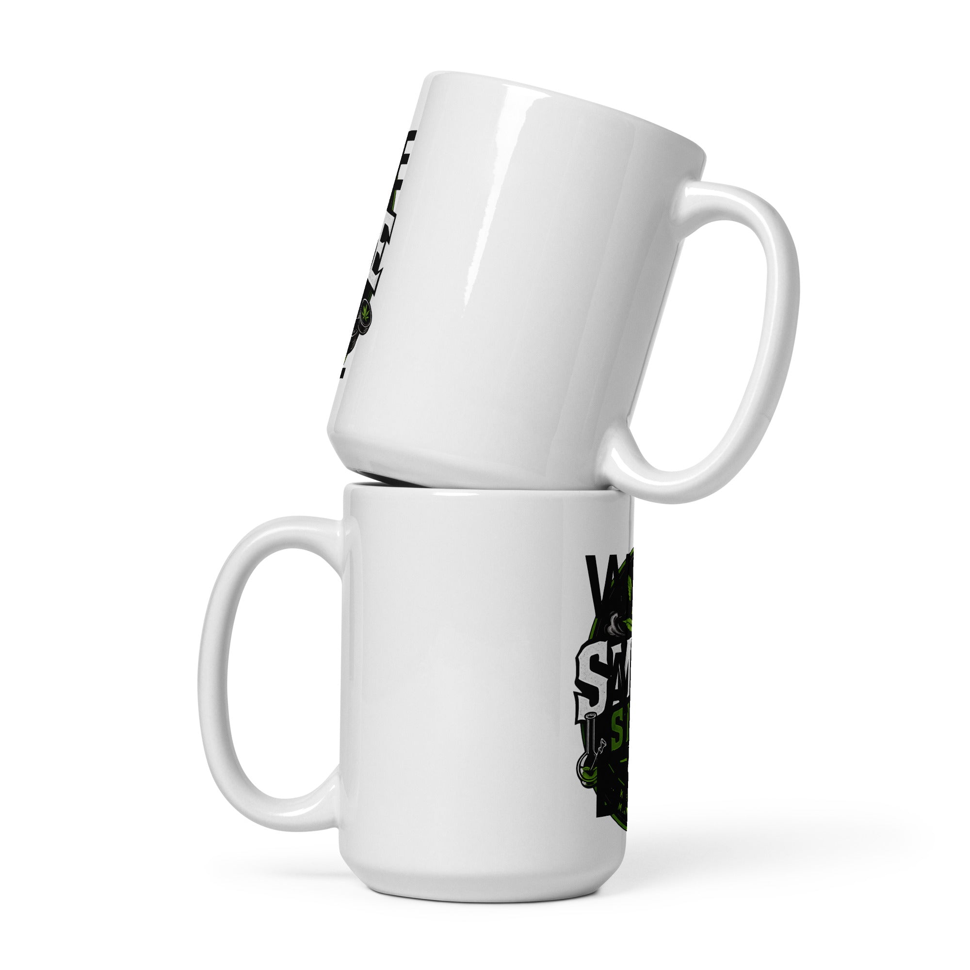 White glossy mug showing partial “WAKE AND BAKE” print on the side