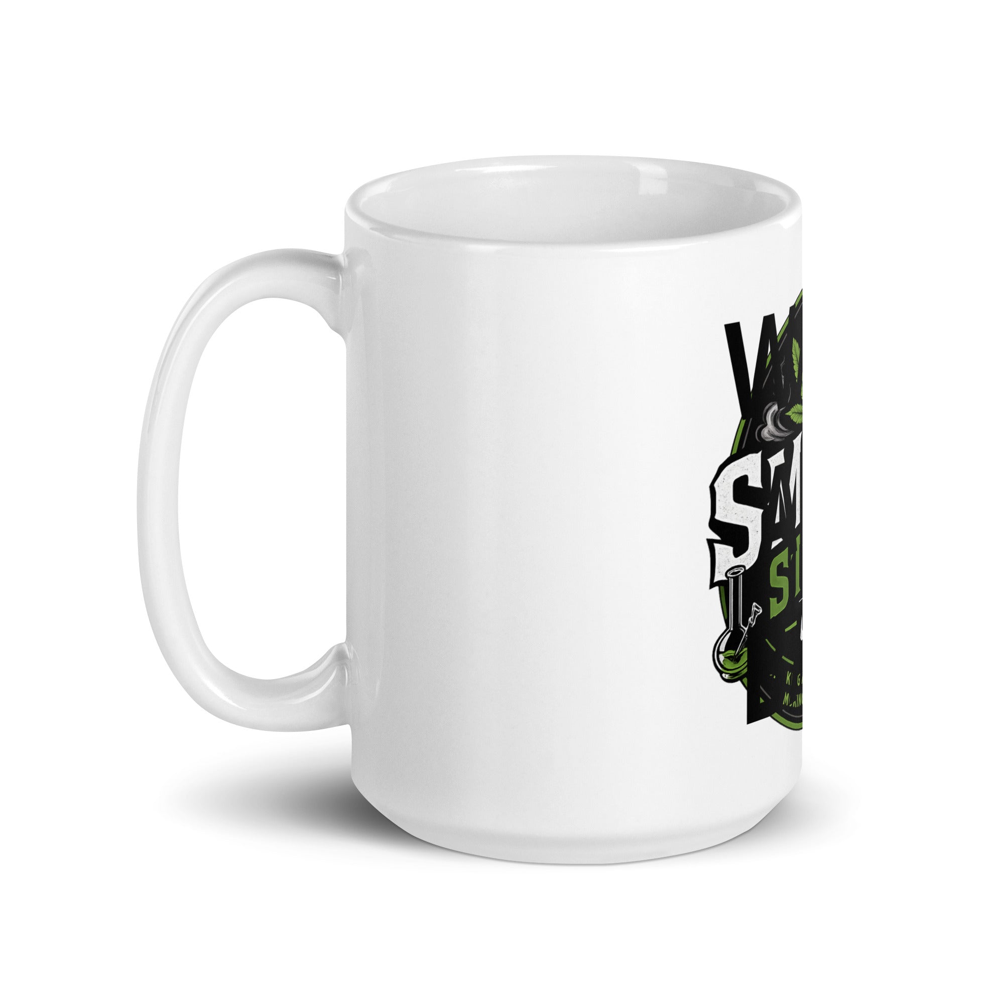White glossy mug with side graphic featuring “SMOKE” text and green accents.