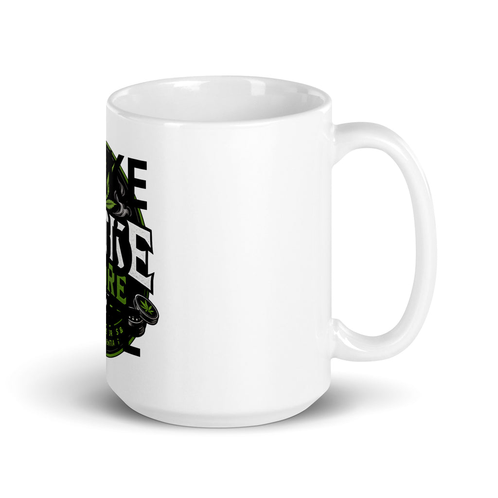 White glossy mug with partial left-side graphic and black “WAKE” lettering.