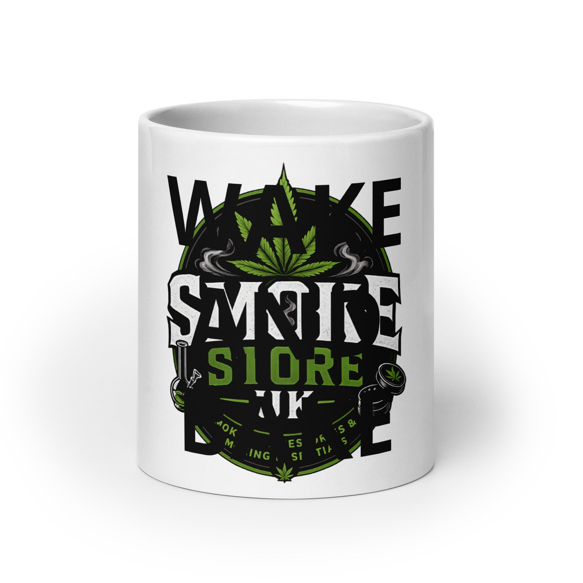White glossy mug with large circular “SMOKE STORE” logo graphic and green leaves.