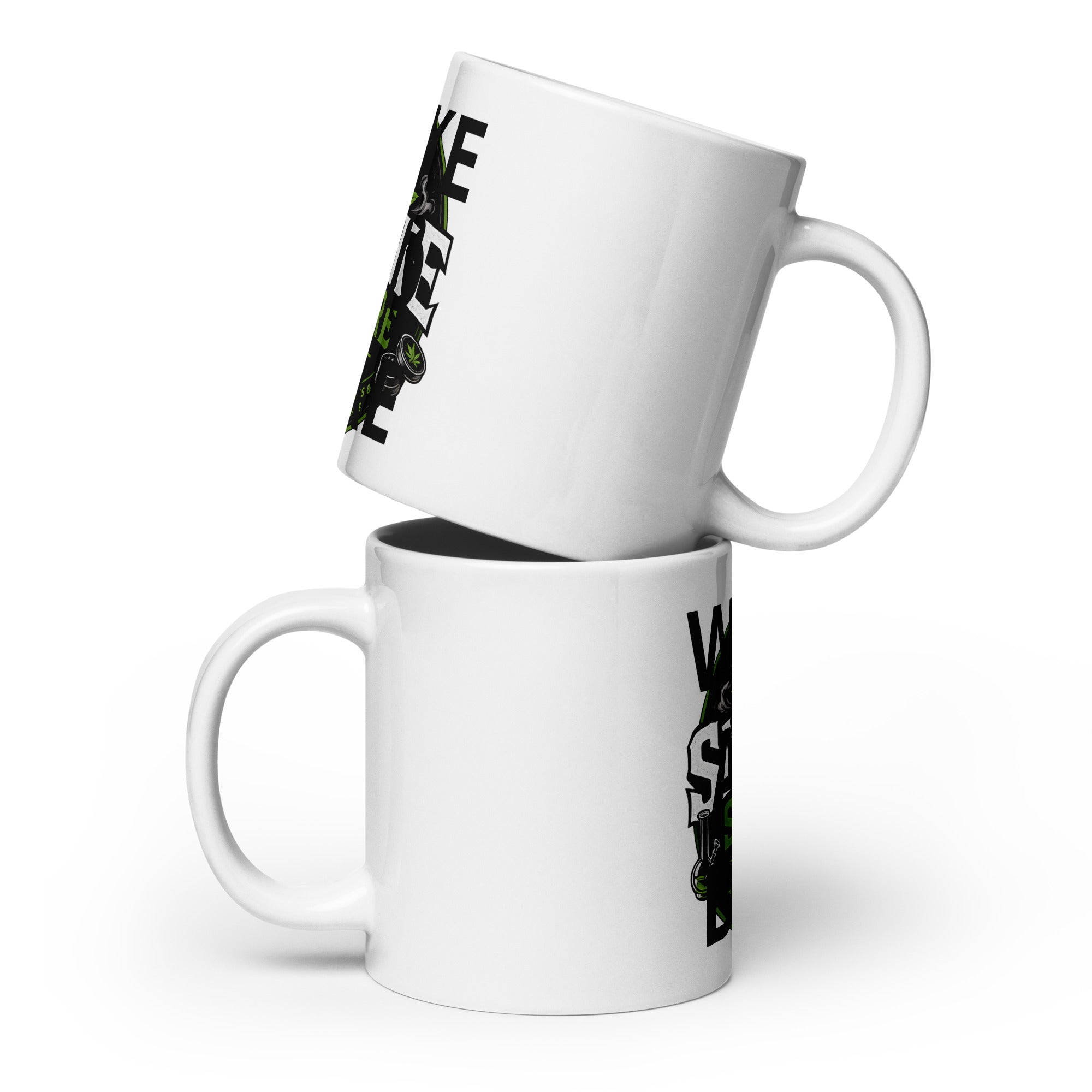 White glossy mug with partial Smoke Store UK logo print on the side