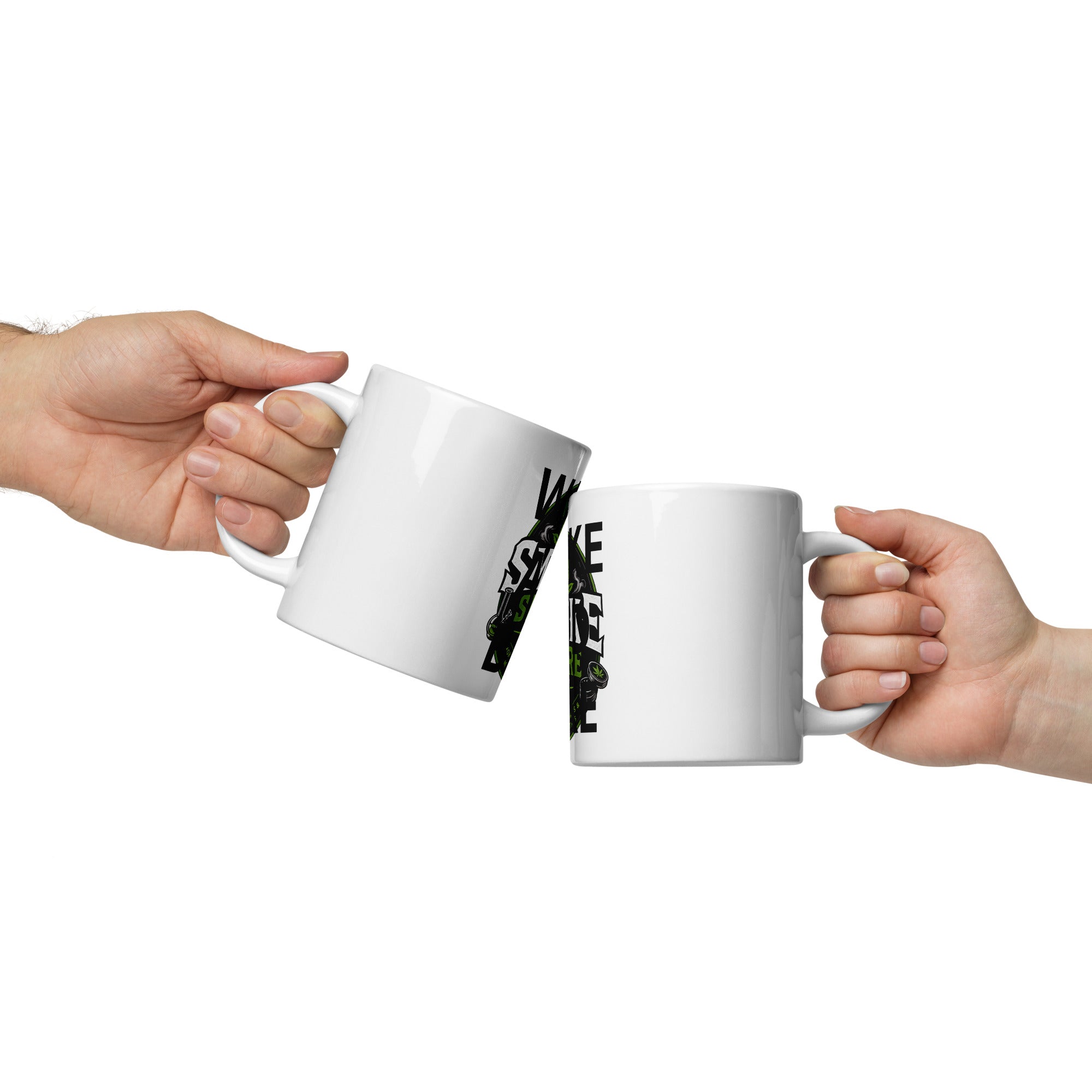 White glossy mugs with black graphic print, held in hands
