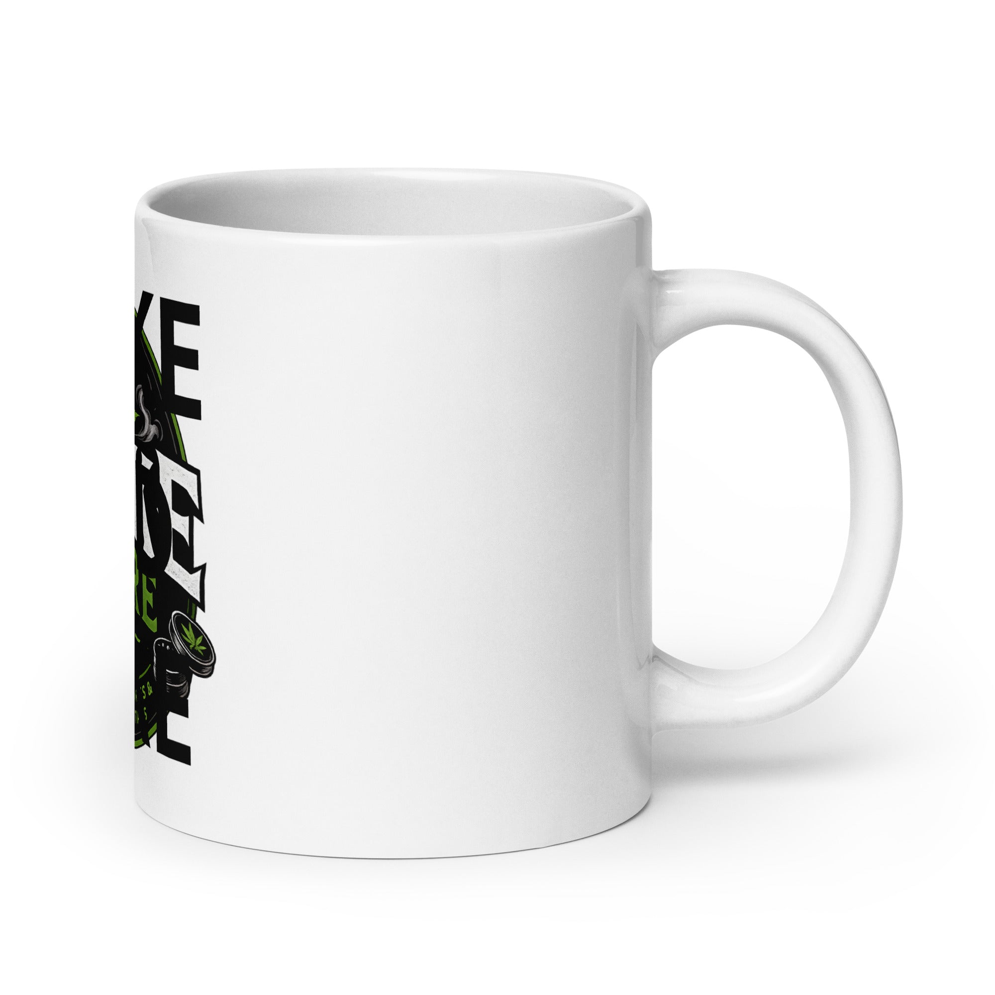 White glossy mug with partial vertical “WAKE AND BAKE” black lettering.